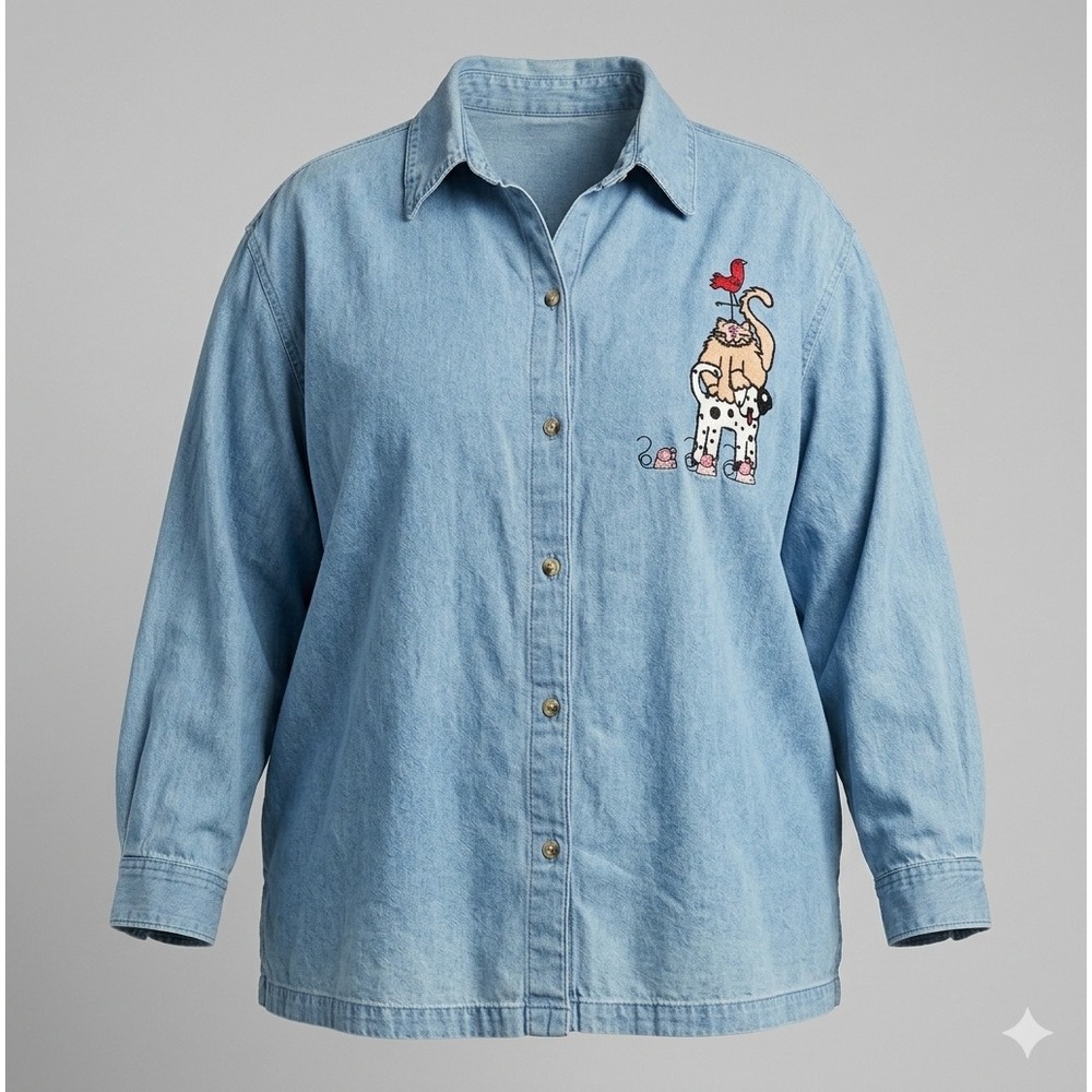 Blair Women 2XL Vintage 90s Denim Shirt Embroidered Cat Bird Dog Mouse Button Up